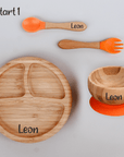 Bambusschale und Teller als Set mit Saugfuß, Löffel und Gabel aus Silikon Lothi